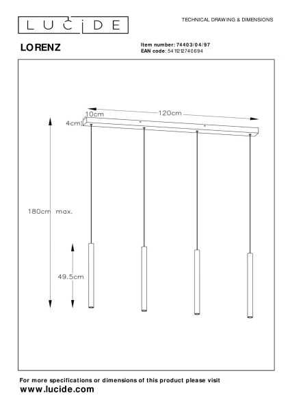 Lucide LORENZ - Pendant light - LED Dim. - 4x4W 3000K - Rust Brown - technical